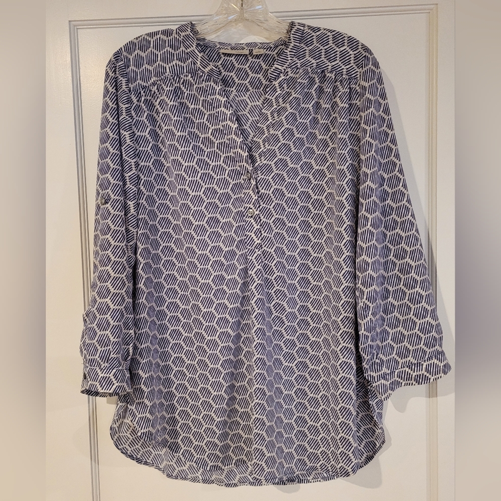 Halogen Blue and White Relaxed Tunic with Mandarin Collar
